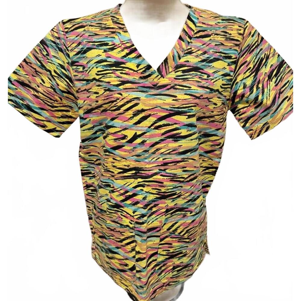 DELTA WOMENS SIZE XSMALL SCRUB TOP BRIGHT ZEBRA STRIPES NEW WITH‎ TAGS